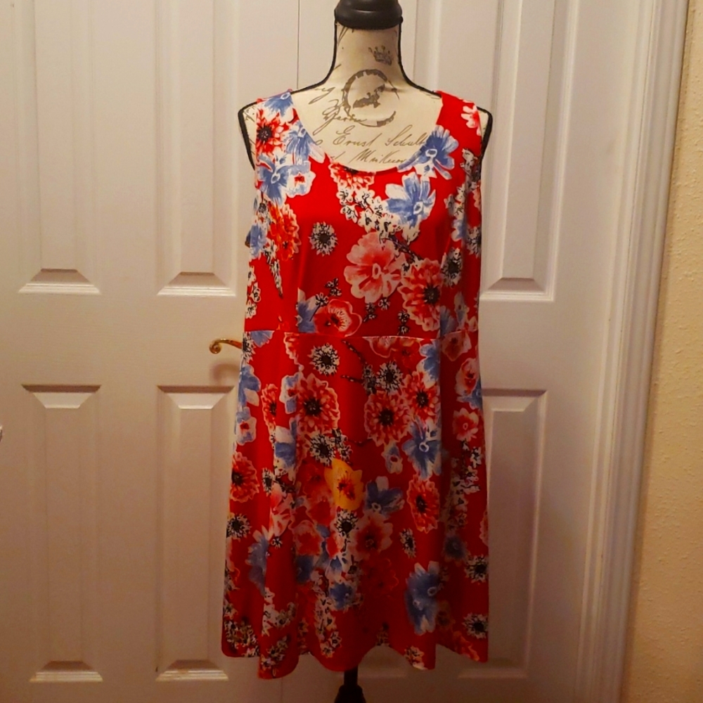 Ellos Red floral print sleeveless dress. Women's size 14/16